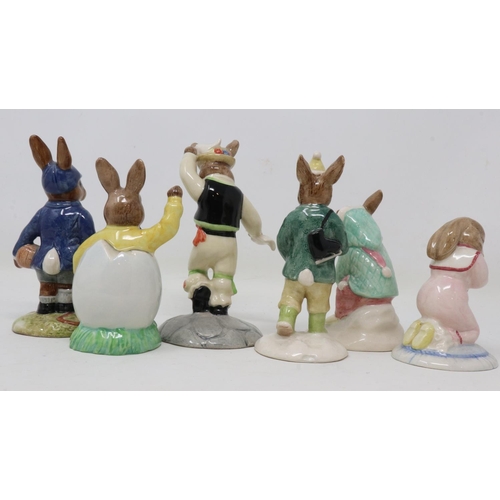 231 - Six Royal Doulton Bunnykins figurines, no cracks or chips, largest H: 11 cm. UK P&P Group 2 (£20+VAT... 