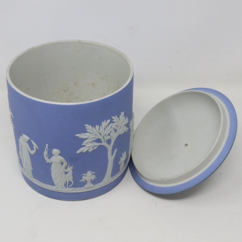 244 - Wedgwood Jasperware covered biscuit barrel, no cracks or chips, some discolouration from tape, H: 18... 