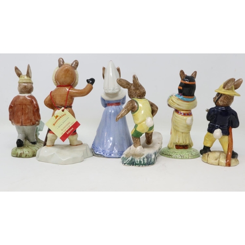 265 - Six Royal Doulton Bunnykins figurines, no cracks or chips, largest H: 13 cm. UK P&P Group 2 (£20+VAT... 