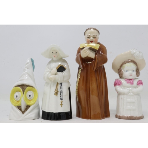 274 - Four Royal Worcester candle snuffers, Feathered Hat, Owl, Monk, and Nun, no cracks or chips, largest... 