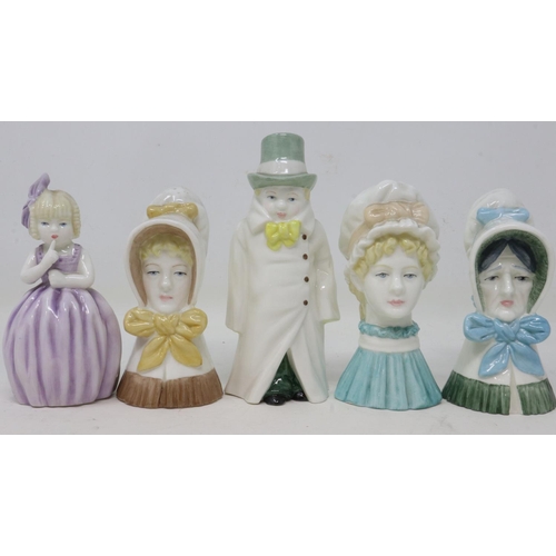 283 - Five Royal Worcester candle snuffers, Old Woman, Young Girl, Mob Cap, Hush, and Budge, no cracks or ... 