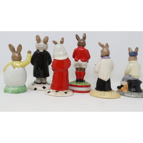 288 - Six Royal Doulton Bunnykins figurines, no cracks or chips, largest H: 11 cm. UK P&P Group 2 (£20+VAT... 