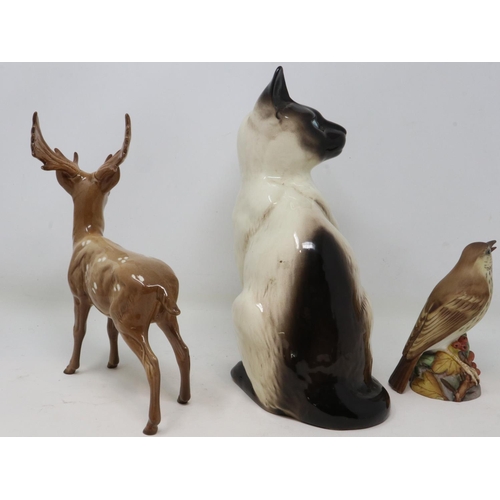 301 - Large Beswick Siamese cat, Beswick stag, and a Royal Worcester thrush model no. 4234 (3), no cracks ... 