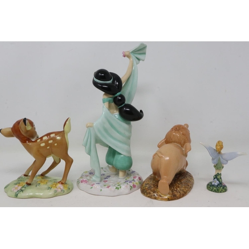 322 - Four Royal Doulton Disney figurines, Princess Jasmine, Bambi, Tinkerbell and Baby Elephant, no crack... 