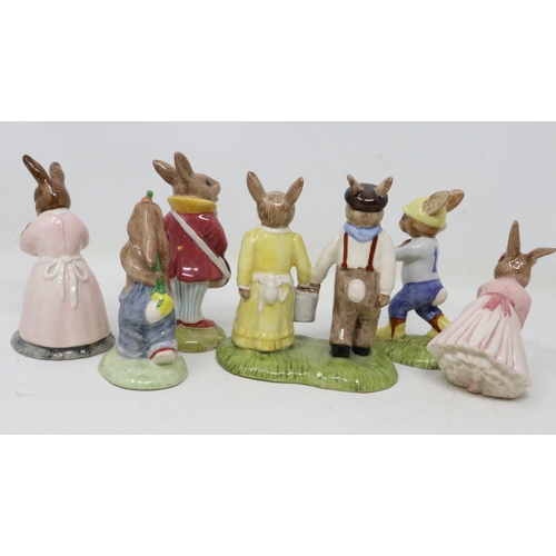 327 - Six Royal Doulton Bunnykins figurines, Ballerina Bunnykins, Mothers Day Bunnykins and Jack and Jill ... 