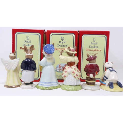 330 - Six Royal Doulton Bunnykins figurines, all boxed, Angel Bunnykins lacking one ear, Little Bopeep Bun... 