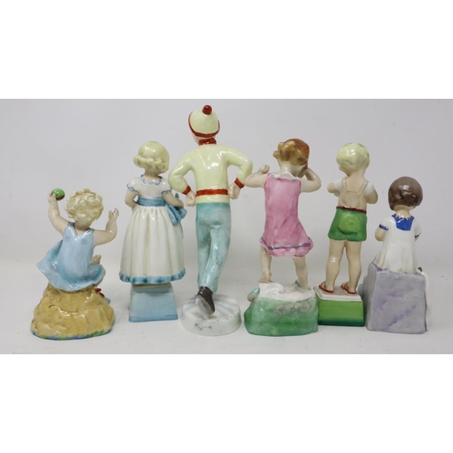 352 - Six Royal Worcester Days of the Week figurines, lacking Thursday, hairline cracks to Wednesday, larg... 