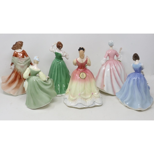 360 - Six Royal Doulton figurines, two signed in gold dated 1990 and 1993, no cracks or chips, largest H: ... 