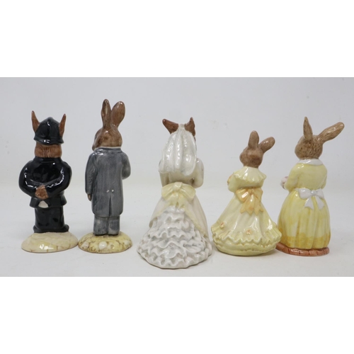 381 - Five Royal Doulton Bunnykins figurines, all boxed, no cracks or chips, largest H: 12 cm. UK P&P Grou... 