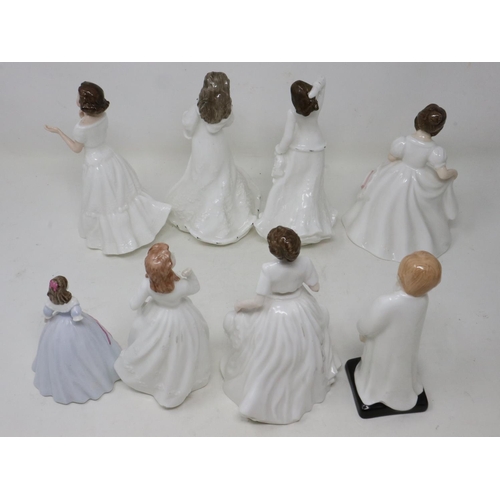 387 - Seven Royal Doulton figurines and a Coalport example (8), no cracks or chips, largest H: 16 cm. UK P... 