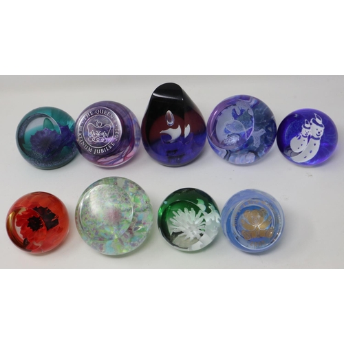 415 - Nine Caithness glass paperweights including Jack in the Box, Festive Snowman, Gone Fishing, Coral Fl... 