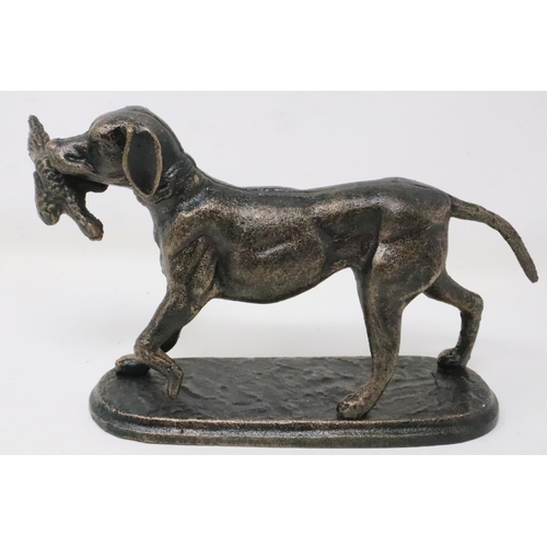 443 - Bronzed cast iron retriever with pheasant on base, H: 14 cm. UK P&P Group 2 (£20+VAT for the first l... 