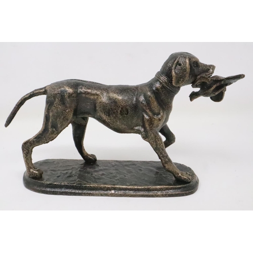 443 - Bronzed cast iron retriever with pheasant on base, H: 14 cm. UK P&P Group 2 (£20+VAT for the first l... 