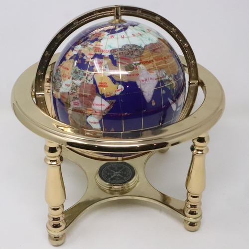 445 - Brass bound globe of semi precious stones with compass set to base, H: 26 cm. UK P&P Group 2 (£20+VA... 