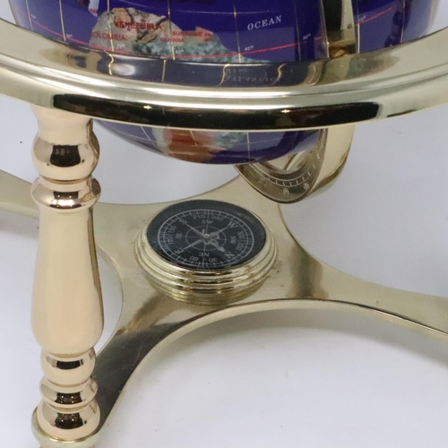 445 - Brass bound globe of semi precious stones with compass set to base, H: 26 cm. UK P&P Group 2 (£20+VA... 