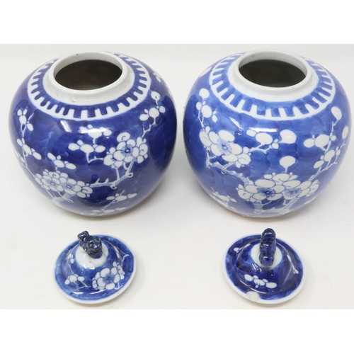 189 - Pair of Chinese 19th century jars decorated with prunus, with matched covers, jars good, one cover h... 