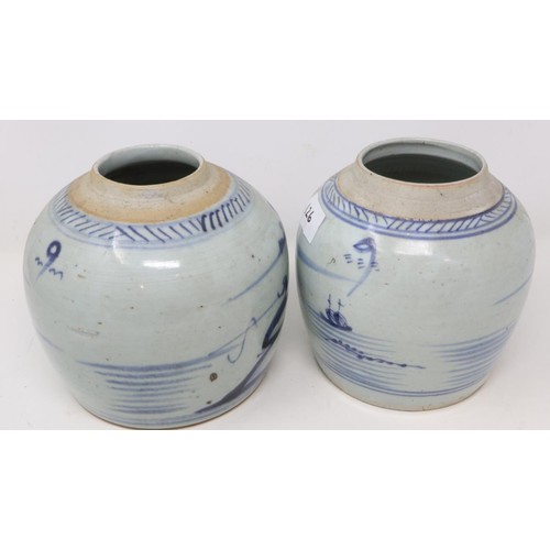 190 - Pair of large provincial Chinese jars decorated with fishing scenes, pitting throughout but no visib... 