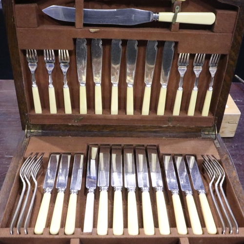 453 - Oak cased canteen of F.C & Co silver plated cutlery and R. Kelly & Sons Ltd stainless steel examples... 