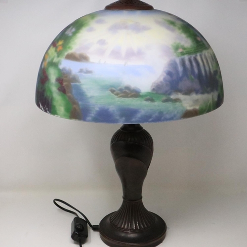 455 - Large modern brass lamp with reverse glass painting to shade, H: 55 cm. Not available for in-house P... 