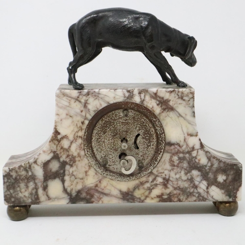 464 - Marble mantel clock with cold painted bronze dog finial, H: 19 cm, working at lotting. UK P&P Group ... 