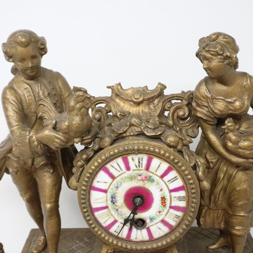 465 - Large 19th century gilt metal cased mantel clock with Limoges style porcelain dial and plaques, for ... 