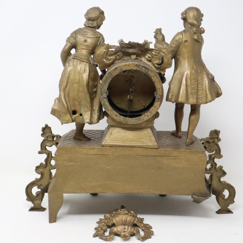 465 - Large 19th century gilt metal cased mantel clock with Limoges style porcelain dial and plaques, for ... 