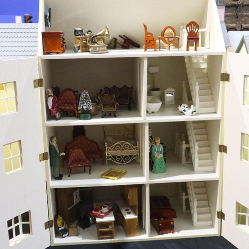 472 - Collectors kit built dolls house with hinged front, hinged roof and furniture contents, requires sli... 