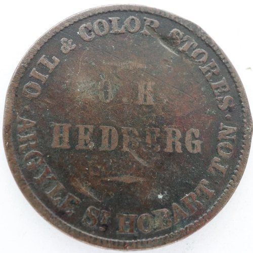 2143 - 19th century halfpenny token: Oil & Colour Stores, Hobart. UK P&P Group 0 (£6+VAT for the first lot ... 