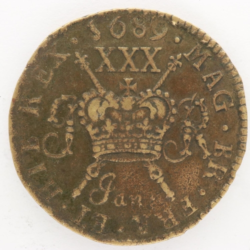 2105 - 1689 (January) Irish gun money copper unit of James II, repaired collar. UK P&P Group 0 (£6+VAT for ... 