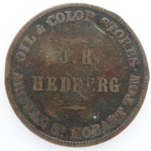 2143 - 19th century halfpenny token: Oil & Colour Stores, Hobart. UK P&P Group 0 (£6+VAT for the first lot ... 