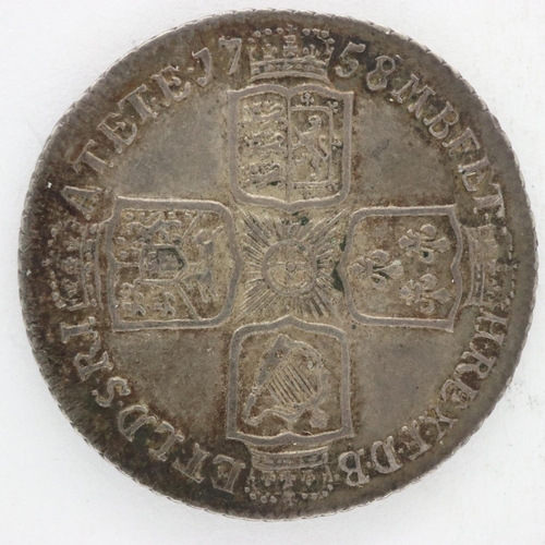 2097 - 1758 silver shilling of George II, gVF with dark toning. UK P&P Group 0 (£6+VAT for the first lot an... 