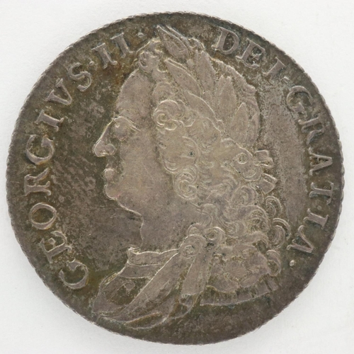 2097 - 1758 silver shilling of George II, gVF with dark toning. UK P&P Group 0 (£6+VAT for the first lot an... 