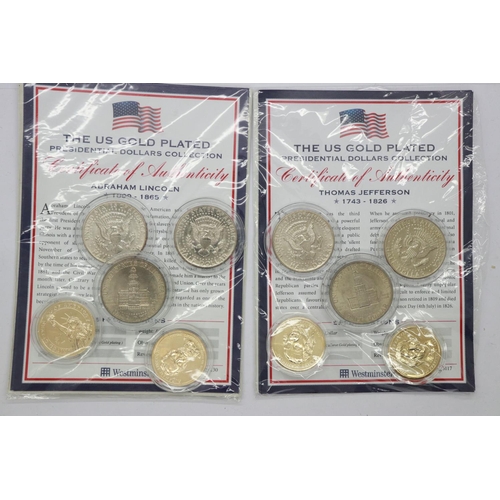 2060 - Six USA half dollars, with four gilt dollars from The US Gold Plated Presidential Dollars Collection... 