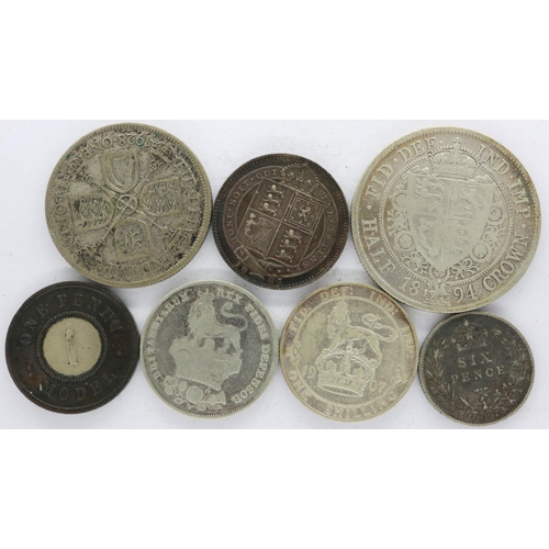 2061 - 1894 silver half crown of Queen Victoria, Victorian one penny model, with further George IV and late... 