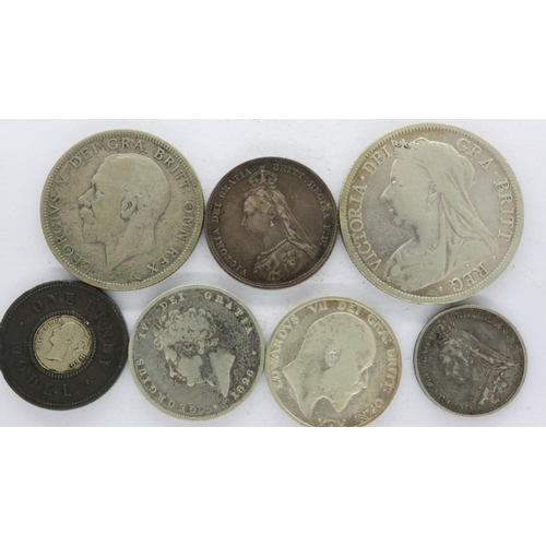 2061 - 1894 silver half crown of Queen Victoria, Victorian one penny model, with further George IV and late... 