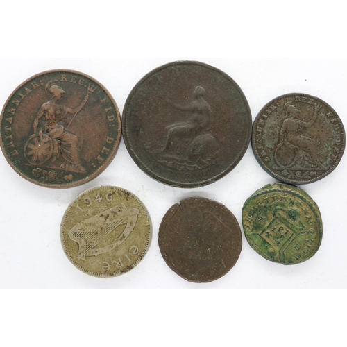 2063 - Two Roman coins, three 19th century copper denominations and a 1946 Eire sixpence. UK P&P Group 1 (£... 