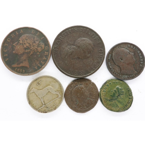 2063 - Two Roman coins, three 19th century copper denominations and a 1946 Eire sixpence. UK P&P Group 1 (£... 