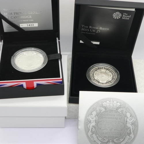 2067 - Two silver proof commemoratives: 2015 Christening of Prince George £5 and 2015 Royal Birth £5, each ... 