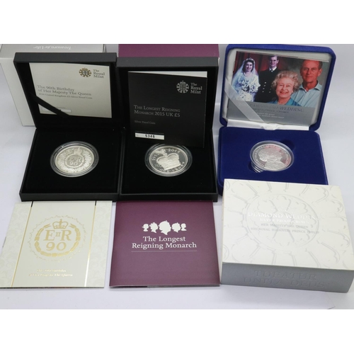 2070 - Three silver proof commemoratives: QEII 90th Birthday £5, 2015 Longest Reigning Monarch £5 and 2007 ... 