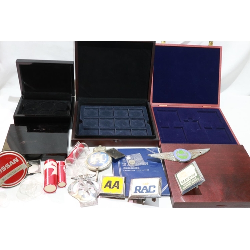 2083 - A quantity of coin collectors boxes, with a selection of automotive badges including AA. Not availab... 