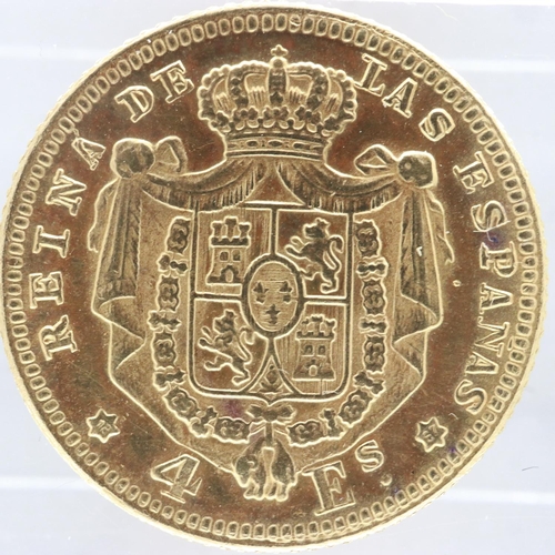 2095 - 1867 Spanish gold 4 Escudos of Isabel II, 3.1g. UK P&P Group 0 (£6+VAT for the first lot and £1+VAT ... 