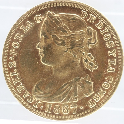 2095 - 1867 Spanish gold 4 Escudos of Isabel II, 3.1g. UK P&P Group 0 (£6+VAT for the first lot and £1+VAT ... 