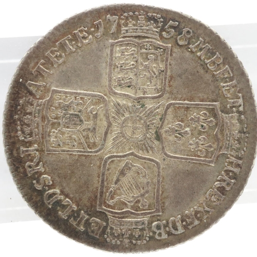 2097 - 1758 silver shilling of George II, gVF with dark toning. UK P&P Group 0 (£6+VAT for the first lot an... 