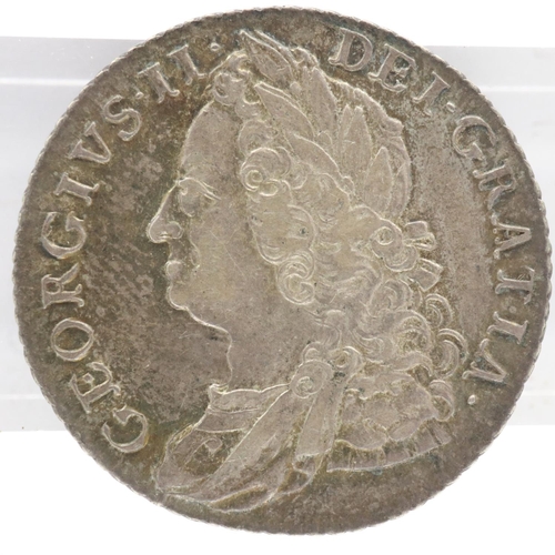 2097 - 1758 silver shilling of George II, gVF with dark toning. UK P&P Group 0 (£6+VAT for the first lot an... 