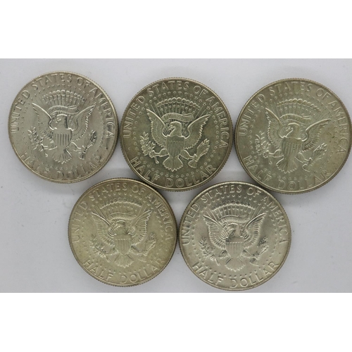 99 - Five 1966 and 1969 Kennedy half dollars. UK P&P Group 1 (£16+VAT for the first lot and £2+VAT for su... 