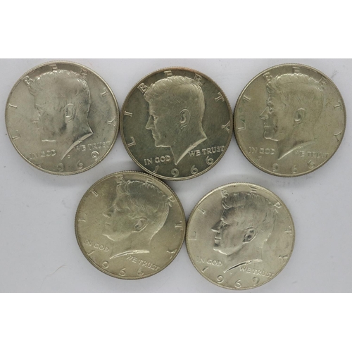 99 - Five 1966 and 1969 Kennedy half dollars. UK P&P Group 1 (£16+VAT for the first lot and £2+VAT for su... 