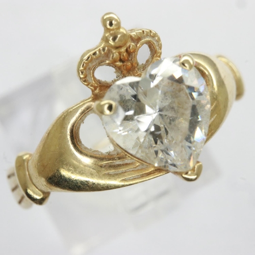 13 - 9ct gold Claddagh ring set with cubic zirconia, size N, 1.5g. UK P&P Group 0 (£6+VAT for the first l... 