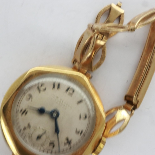 15 - 18ct gold cased wristwatch by J.W Benson on a 9ct gold bracelet, bracelet damaged, total 23g. UK P&P... 