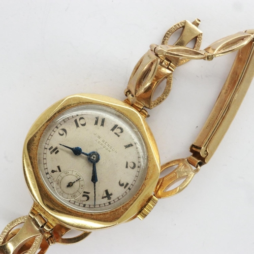 15 - 18ct gold cased wristwatch by J.W Benson on a 9ct gold bracelet, bracelet damaged, total 23g. UK P&P... 