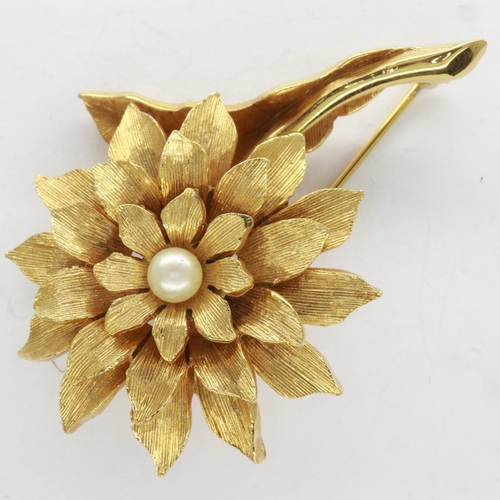 19 - Yellow metal pin brooch, stamped 1144, set with a single pearl, H: 50 mm, 14.2g. UK P&P Group 0 (£6+... 